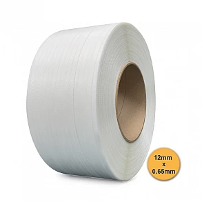 Bandă PP (polipropilenă) 12 mm x 0.65 mm, 2500 m/rolă, tub 200 mm. ALBĂ