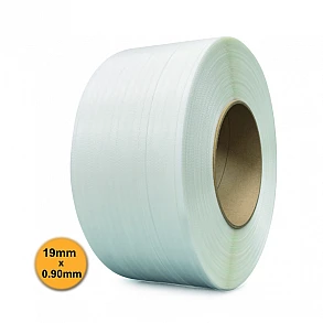 Bandă PP (polipropilenă) 19 mm x 0.90 mm, 1000 m/rolă, tub 200 mm, ALBĂ