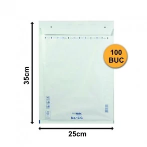 Set 100 bucăți  Plicuri cu Bule Antișoc G17 Albe, 250x350+50mm, Plic cu Lipire Autoadezivă