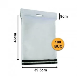 Set 100 bucăți Pungi Curierat cu Mâner PCMA06, 395x460+90+50mm, 60my
