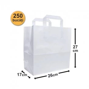 Set 250 bucăți Pungi Hârtie 26x17x27 cm, Albe, Mâner Plat