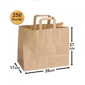 Set 250 bucăți Pungi Hârtie 26x17x27 cm, Kraft, Mâner Plat