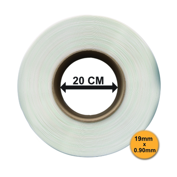 Bandă PP (polipropilenă) 19 mm x 0.90 mm, 1000 m/rolă, tub 200 mm, ALBĂ