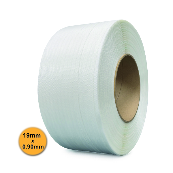 Bandă PP (polipropilenă) 19 mm x 0.90 mm, 1000 m/rolă, tub 200 mm, ALBĂ