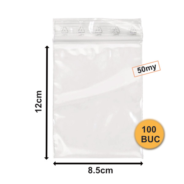Set 100 Bucăți Pungi Din Plastic Cu Fermoar (ZipLock), 85mm x 120mm, 50my Set 100 Bucăți Pungi Din Plastic Cu Fermoar (ZipLock), 85mm x 120mm, 50my